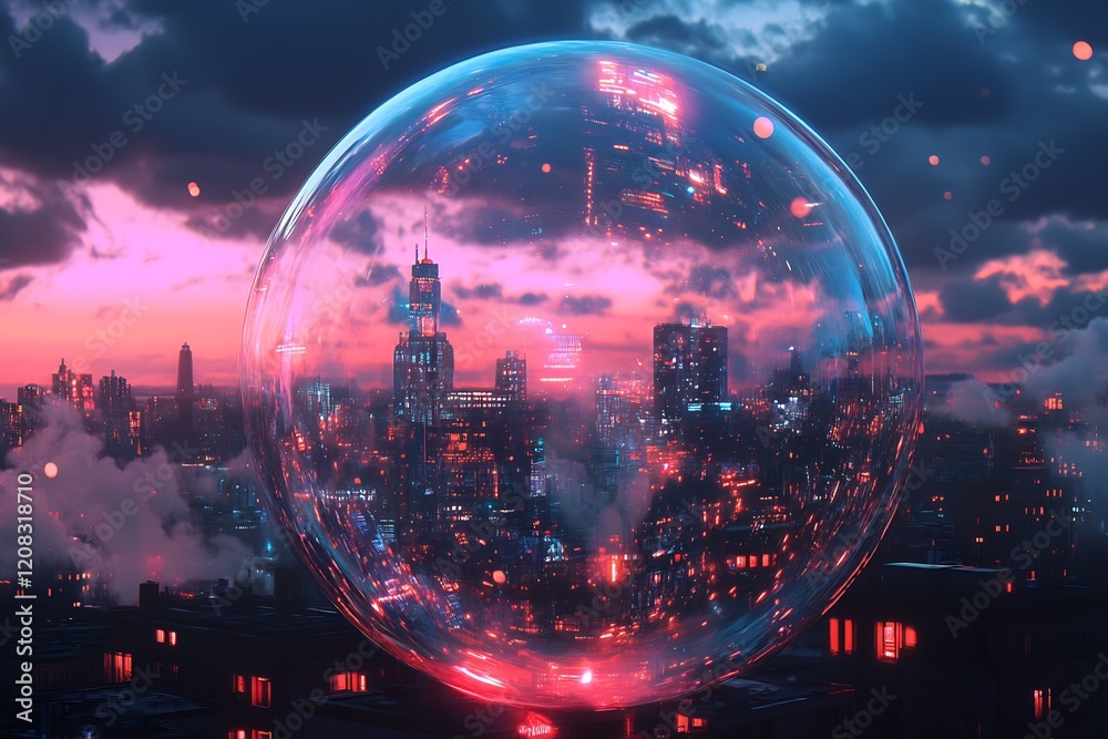 Poster futuristic transparent sphere envelopes a cityscape with glowing neon lights and clouds : generative