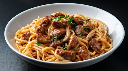 A white plate of golden noodles paired with succulent chunks of chicken. Fresh parsley leaves sprinkled on top add a vibrant touch, completing the appetizing scene.
