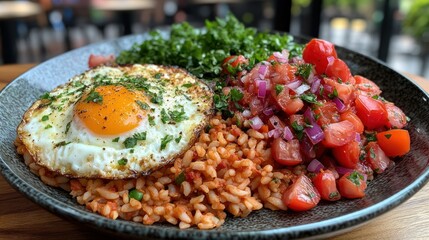 Delicious Mediterranean-Style Rice Bowl with Fried Egg, Tomato Salsa, and Parsley