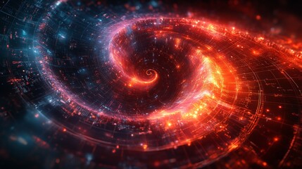 Obraz premium A vibrant Fibonacci spiral illustrating mathematical beauty in a cosmic landscape at night