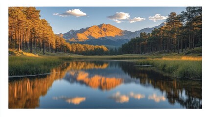 Fototapeta premium Serene Alpine Lake Nestled Amongst Pine Trees with Majestic Mountain Peaks in the Distance