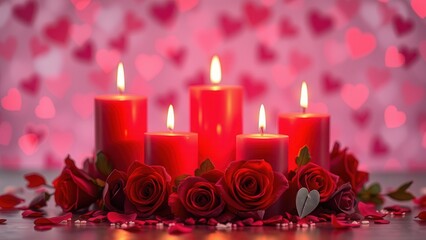 Romantic background with candles and rose petals.