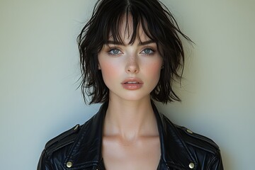 A confident tomboy with short hair styled in a fashion-forward manner, her portrait taken against a clean white background with a hint of faded colors