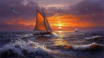 Sunset Sailboat Painting: A Majestic Ocean Scene at Golden Hour