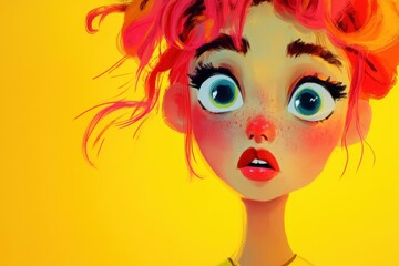 A vibrant character shows surprise with large eyes and pink curly hair