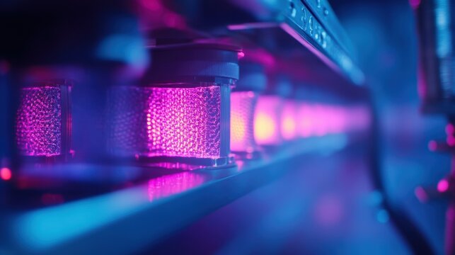 Close up view of quantum computing processors radiating pink light, emphasizing cutting edge technology and advanced data processing within a modern data center environment