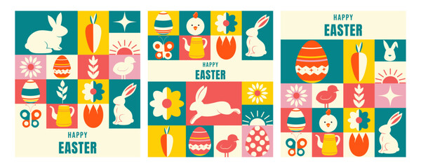 Easter poster in minimalist style.  Geometric style. Easter eggs, bunny, flowers, carrots.  Banner, postcard, template for social media. Rabbit. 