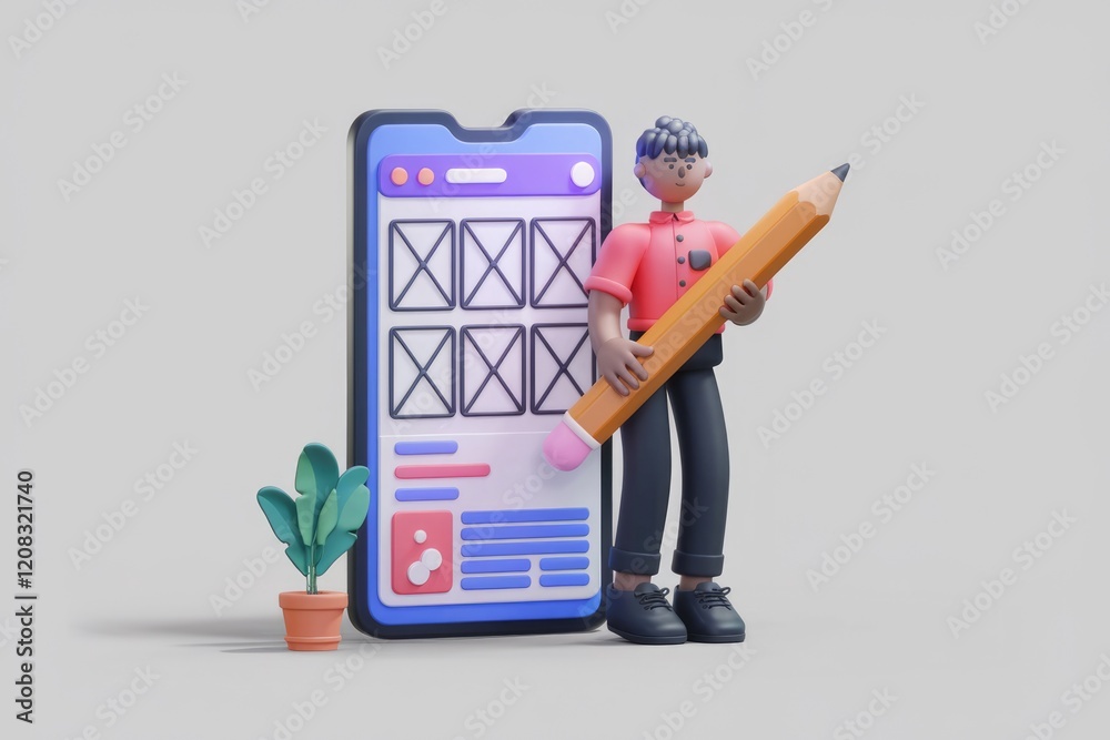 Poster 3d illustration of a person designing a website on a smartphone using a large pencil.
