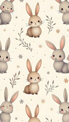 Fototapeta premium Seamless Pattern of Cute Cartoon Rabbits with Delicate Floral Accents on Cream Background