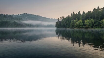 Fototapeta premium Misty Lake Serenity: Tranquil Dawn over Forested Shores