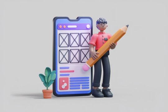 3D illustration of a person designing a website on a smartphone using a large pencil.