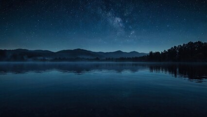 Fototapeta premium Serene Night Lake: Starry Sky Reflection, Misty Mountains, Tranquil Scene