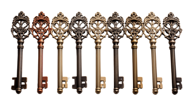 Silver keys with intricate grooves, resting on a textured stone surface in natural light, studio view, isolated on transparent background.