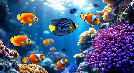 Naklejka premium Vibrant coral reef aquarium scene with tropical fish and colorful corals