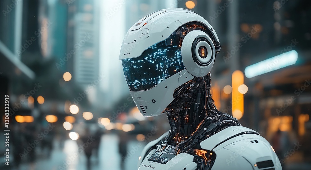 Poster Robotic Figure with Digital Interface in Modern Urban Setting : Generative AI