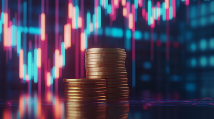 A stack of gold coins with stock market charts in the background, symbolizing wealth