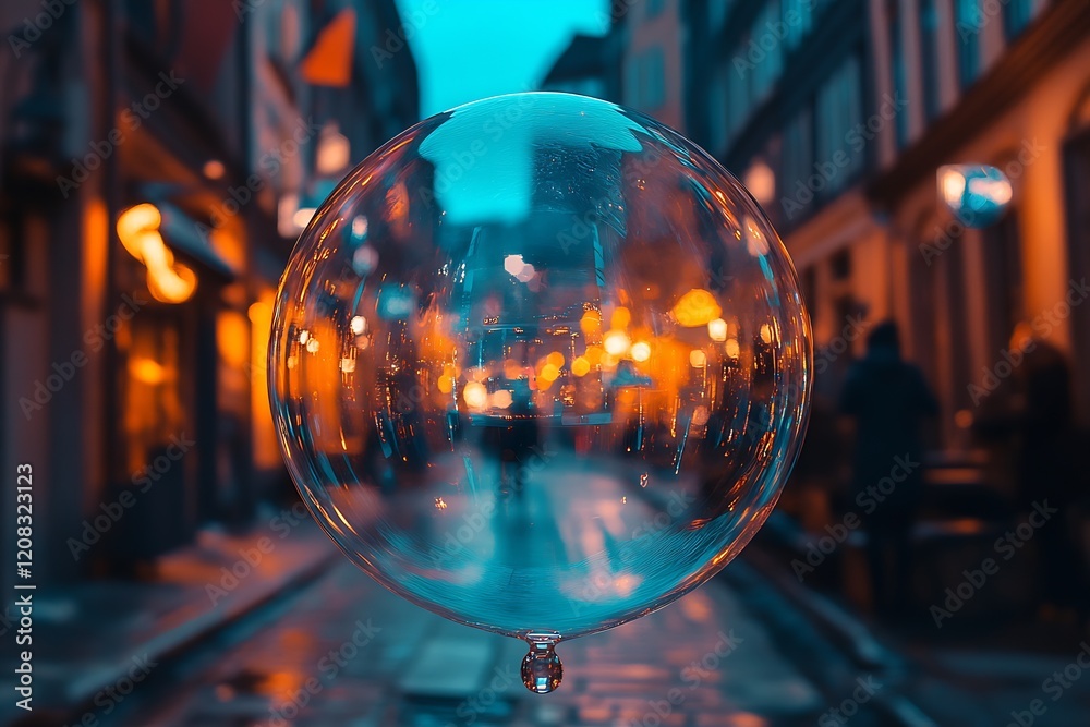 Poster Clear Bubble in a Warmly Lit Narrow Street with Evening Glow : Generative AI
