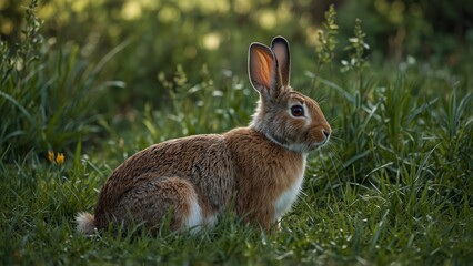 Fototapeta premium Rabbit in Grass with Serene Mood Representing Natural Habitat Against Blurred Green Vegetation Background 
