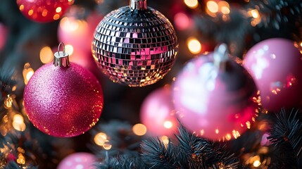 Fototapeta premium Pink and Silver Ornaments Adorn a Festive Christmas Tree
