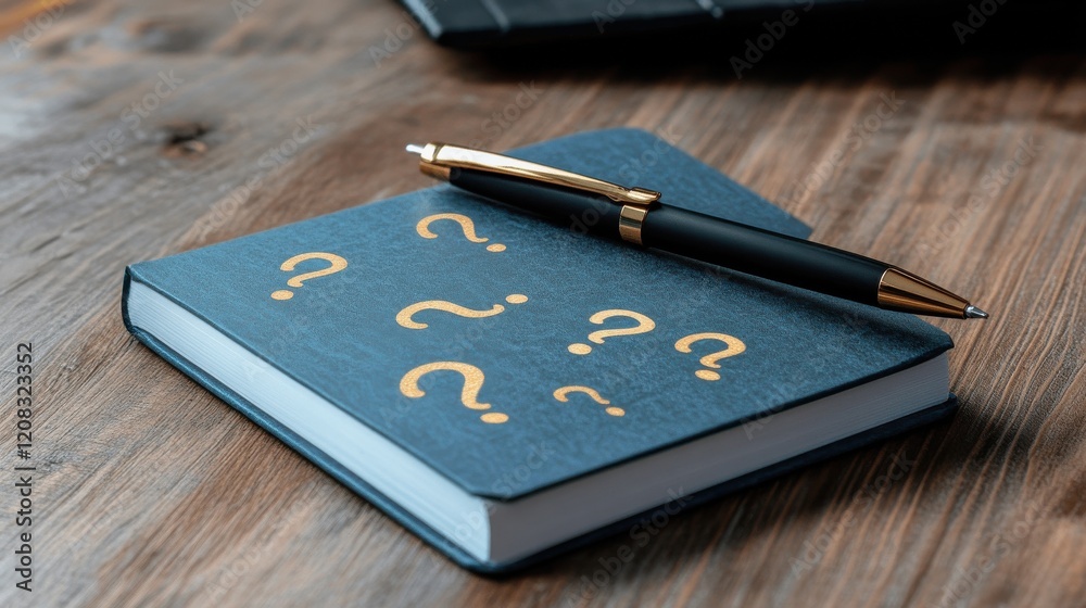 Poster A stylish pen and notebook used by a trivia enthusiast, with doodles of question marks