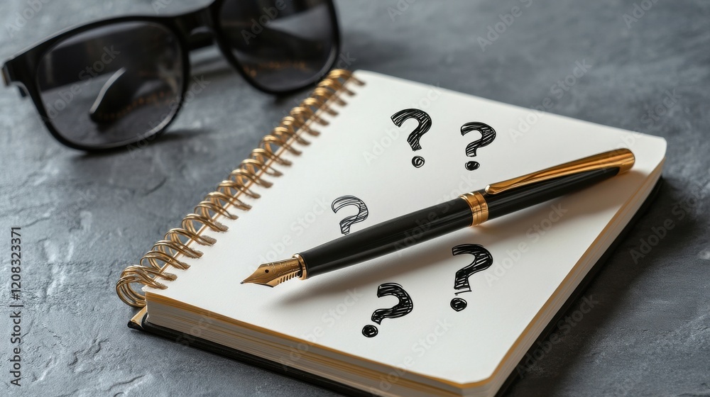 Poster A stylish pen and notebook used by a trivia enthusiast, with doodles of question marks