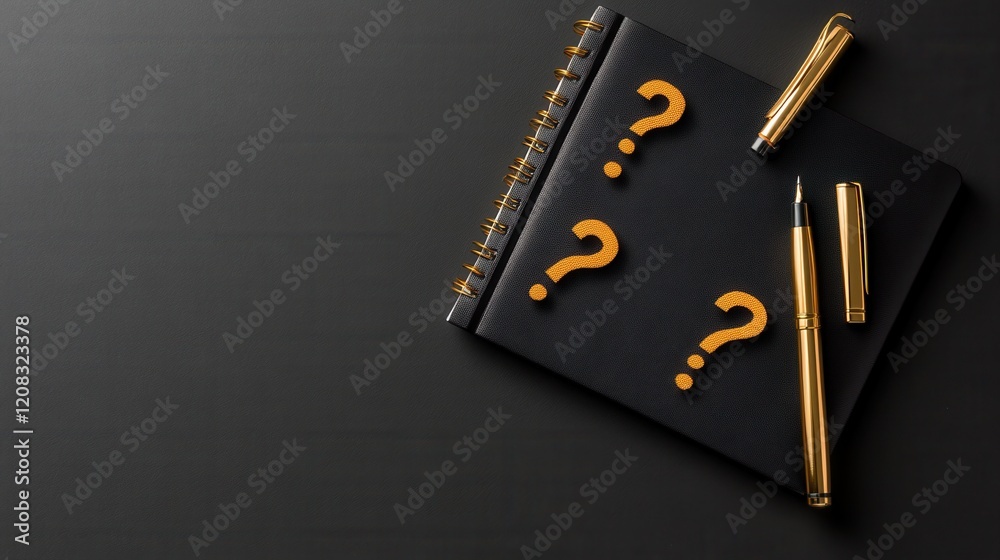 Poster A stylish pen and notebook used by a trivia enthusiast, with doodles of question marks