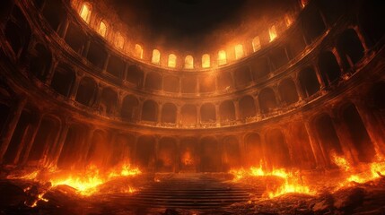 a haunting descent through nine circles of the underworld, rendered in dark baroque style with dramatic chiaroscuro lighting, twisted architecture, and tortured souls amid flames and shadows