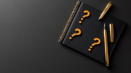 A stylish pen and notebook used by a trivia enthusiast, with doodles of question marks