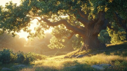 Obraz premium Majestic oak tree in sunlit meadow at golden hour