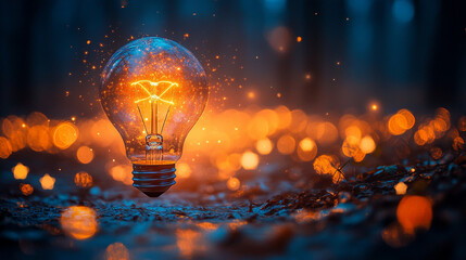A floating lightbulb surrounded by stars, symbolizing big ideas and creativity, with a modern blurred background and empty caption space to evoke a sense of chaos and limitless potential

