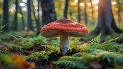 Forest Fungi: A Vibrant Red Mushroom in a Sunlit Grove