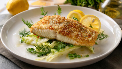 A flaky fillet of herb-crusted sea bass served with a fresh fennel salad, garnished with lemon slices, arranged on a white plate. Ideal for seafood-focused visuals, fine dining or gourmet photography