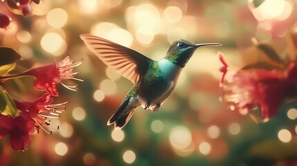 a majestic hummingbird hovering mid-flight, iridescent feathers catching sunlight against blurred tropical flowers, macro photography with bokeh effect, vibrant emerald and ruby colors