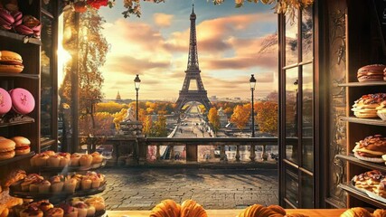 Parisian bakery view with the Eiffel Tower in the background, featuring delicious pastries, macarons, and croissants under a golden autumn sunset - Powered by Adobe