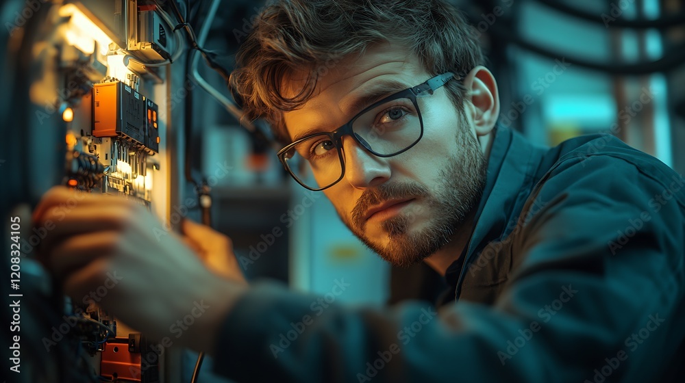 Aufkleber Young Engineer in Glasses Analyzing Circuitry in High-Tech Workshop : Generative AI