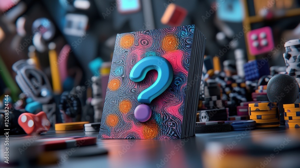 Poster a trivia question card with a fun riddle and colorful artwork in the background