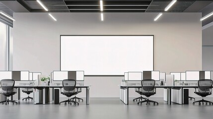 Modern Office Interior Featuring Desks with Computers and Plants