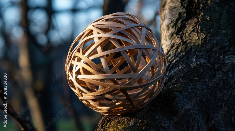Poster A unique bird nest intricately woven into a modern design, standing out in a tree