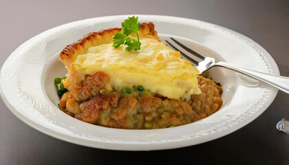 A golden-baked shepherd's pie with creamy mashed potato topping, served in a white dish with a scoop removed to reveal the rich meat and vegetable filling. Perfect for traditional food themes