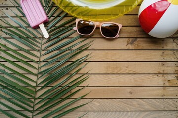 Summer essentials on wooden background: popsicle, sunglasses, inflatable ring, beach ball, palm leaf.