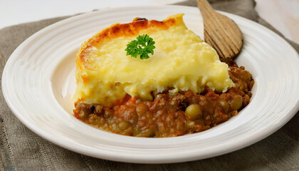 Naklejka premium A golden-baked shepherd's pie with creamy mashed potato topping, served in a white dish with a scoop removed to reveal the rich meat and vegetable filling. Perfect for traditional food themes