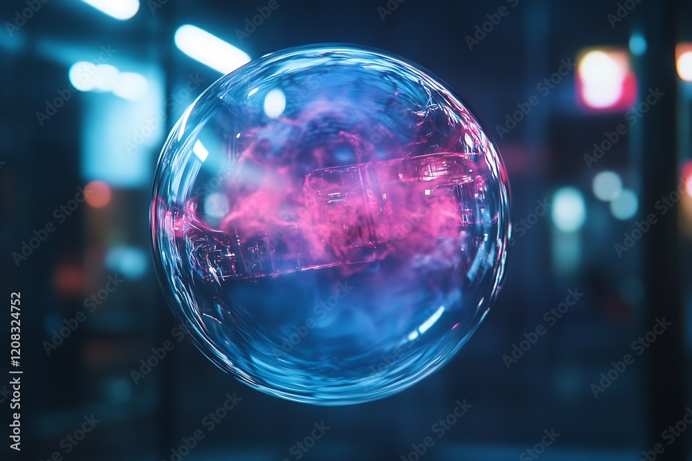 Poster futuristic floating bubble with futuristic city reflections and neon colors : generative ai