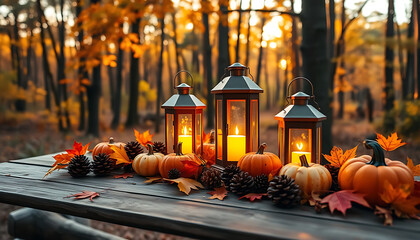 Autumn Lanterns and Pumpkins: A Cozy Fall Forest Scene