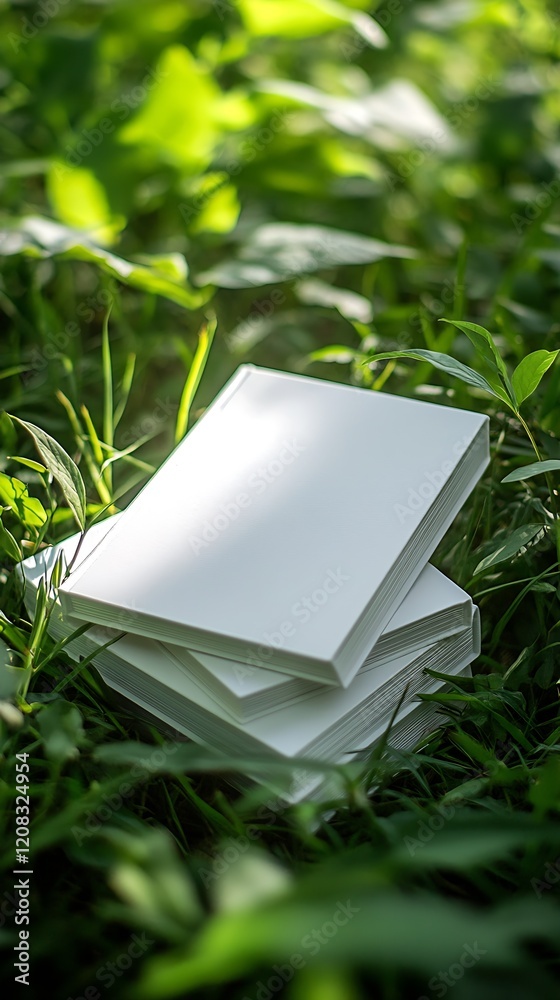 Poster Minimalist books arranged in sunlit field highlighting nature's touch and tranquil ambiance : Generative AI