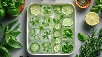 Obraz premium Frozen herb & lime ice cubes, kitchen prep