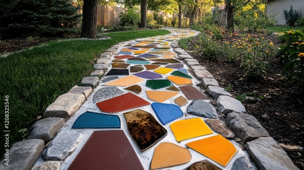 Poster A vividly colorful mosaic tile path in a garden surrounded by plain stone paths