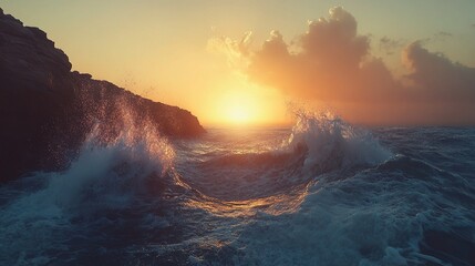 Fototapeta premium Dynamic Waves Crashing Against Rugged Cliffs at Sunset