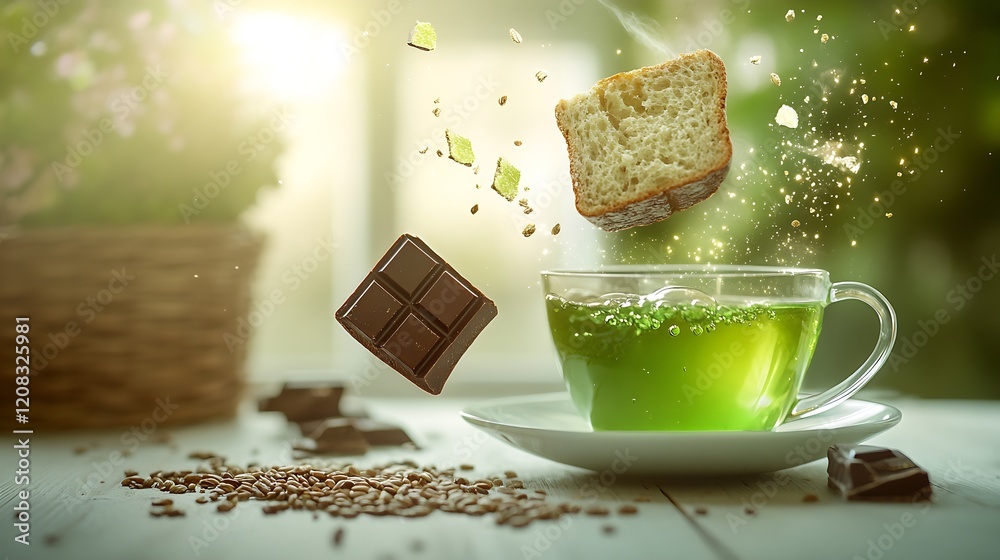 Poster Artistic Green Tea with Chocolate and Bread Composition in Refreshing Atmosphere : Generative AI