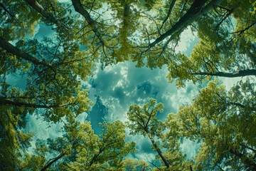 Forest with trees in the foreground and background. The trees are green and the sky is blue