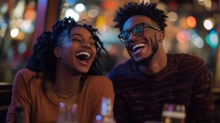 A young couple laughing while answering trivia questions on a date night